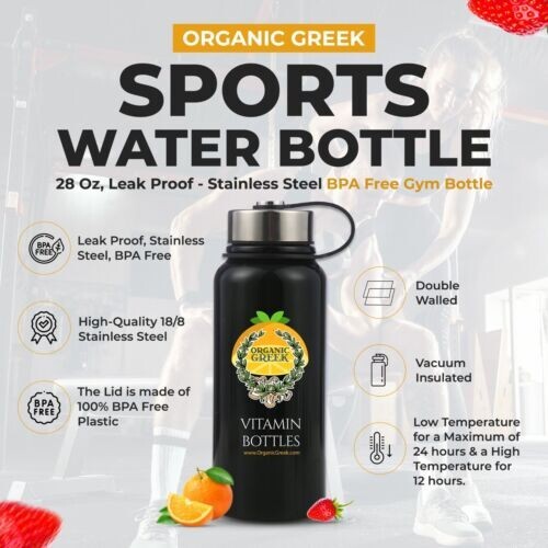 Organic Greek Sports Water Bottle – 28 Oz, Leak Proof – Black Stainless Steel
